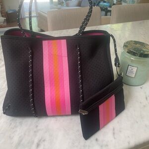 Parker & Hyde Black Neoprene Tote with Pink and Orange Center Stripe